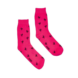Pink socks with black flamingo pattern on a white background
