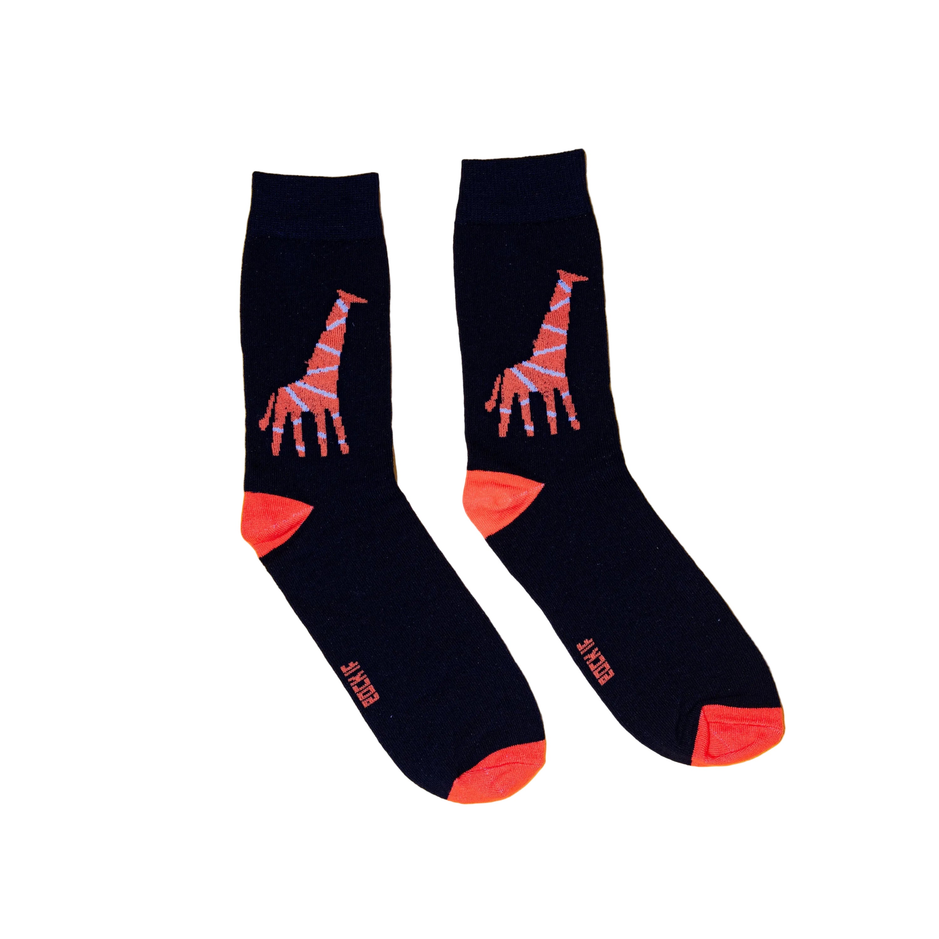 Black socks with pink giraffe design on a white background