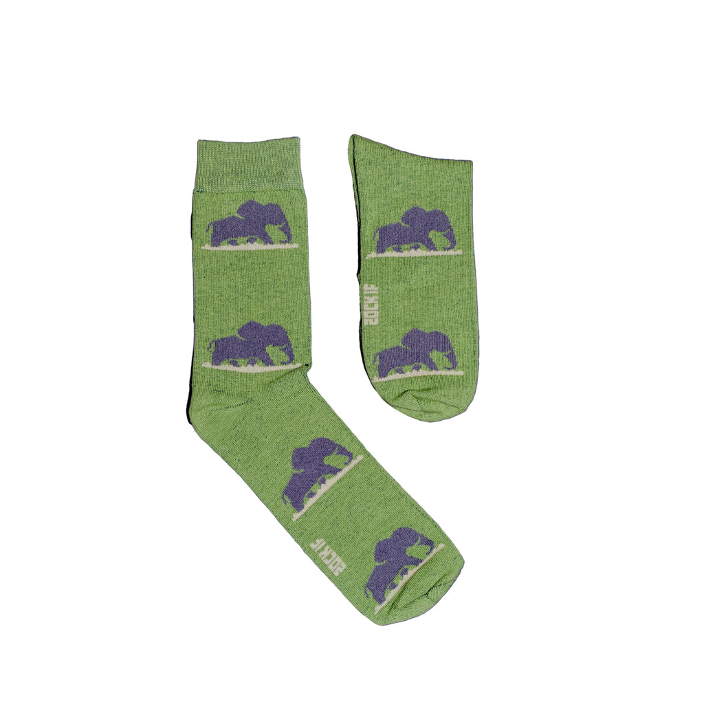 Green socks with black bear design on a white background