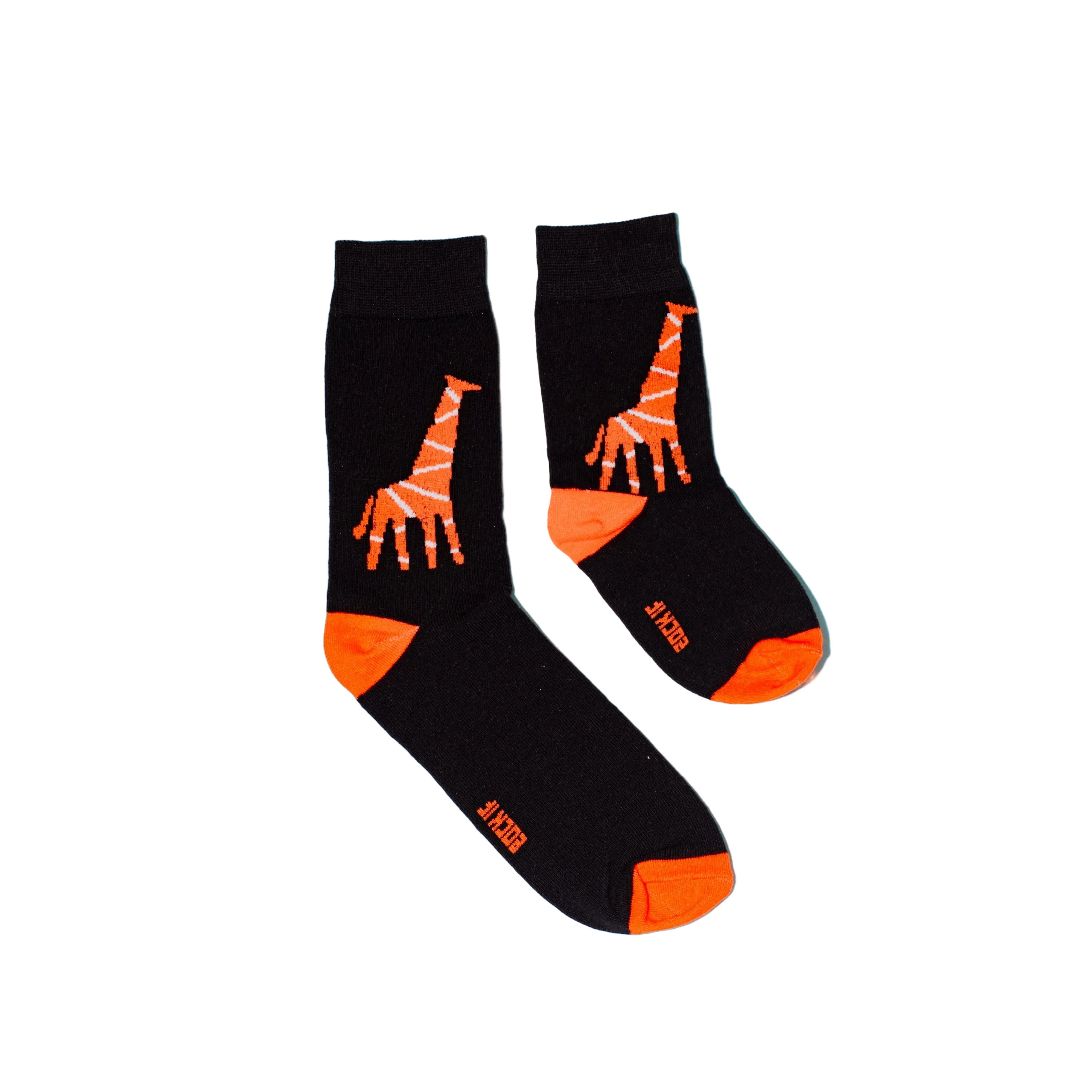 Black socks with orange accents and giraffe design on a blue background