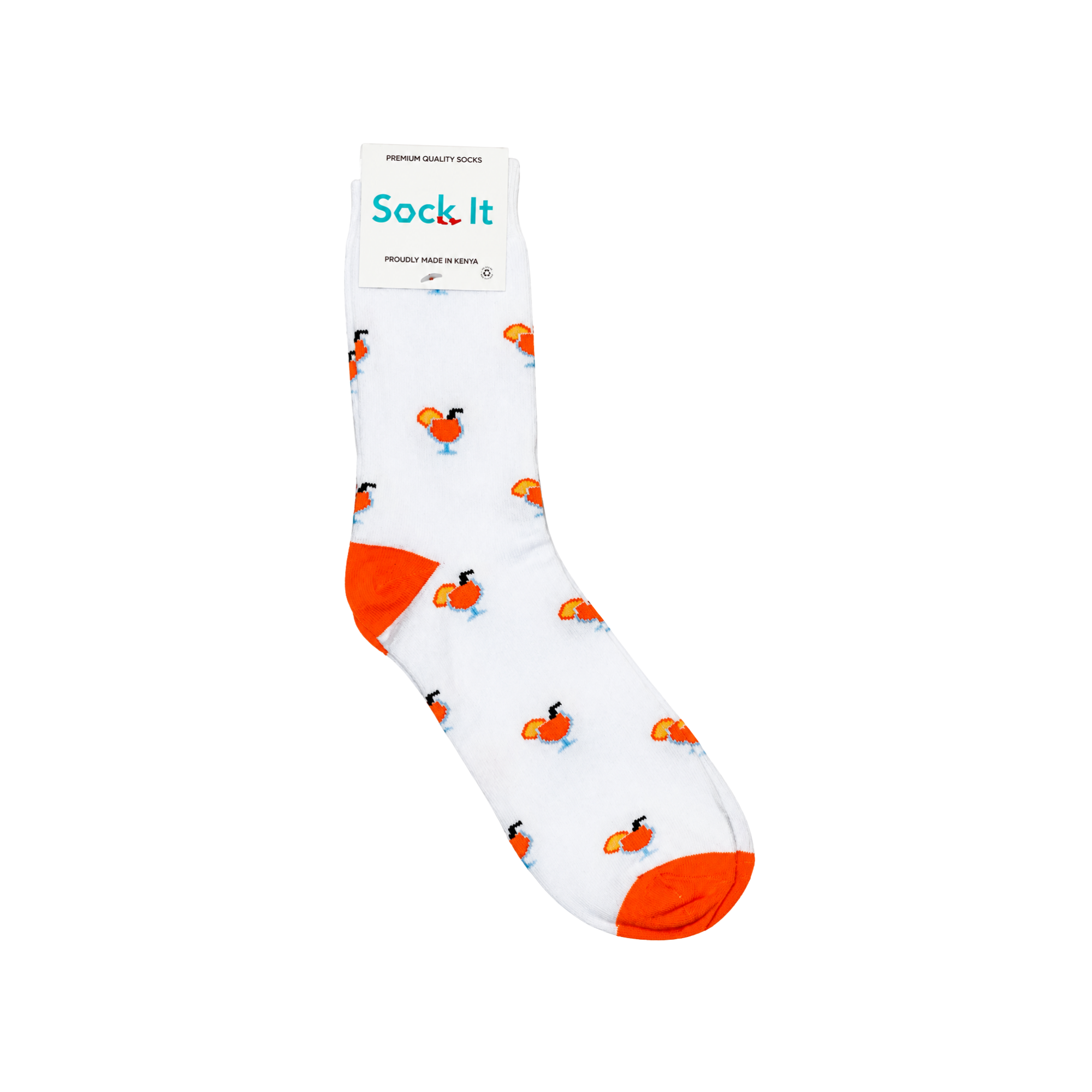 A single white crew sock with an all-over small toucan print and bright orange heels, toes, and cuff, shown on a plain white background with its paper header card visible.