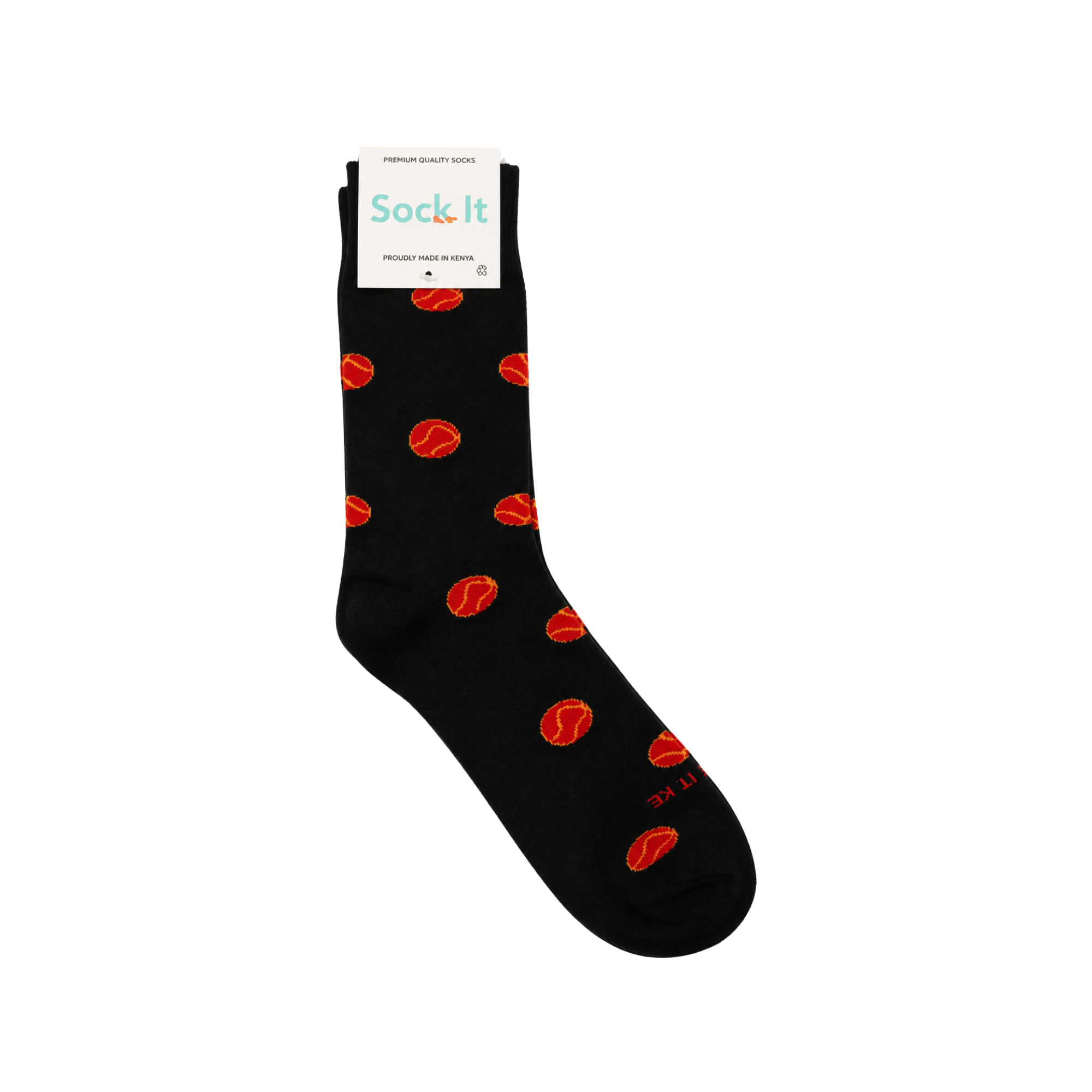A single black crew sock with a pattern of red lips and small orange hearts, featuring a white 'Sock It' brand tag at the top, shown against a plain white background.