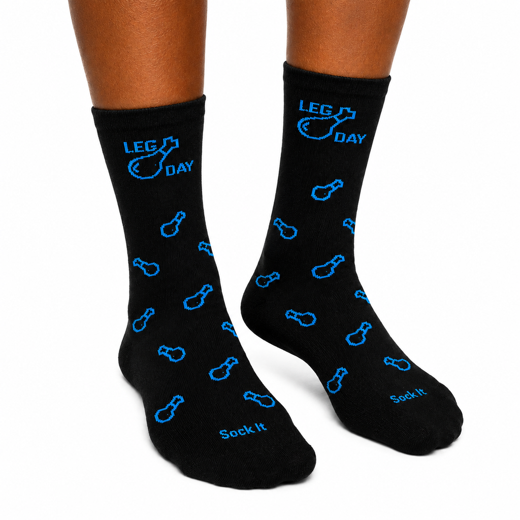 Black socks with blue graphics and text on a white background