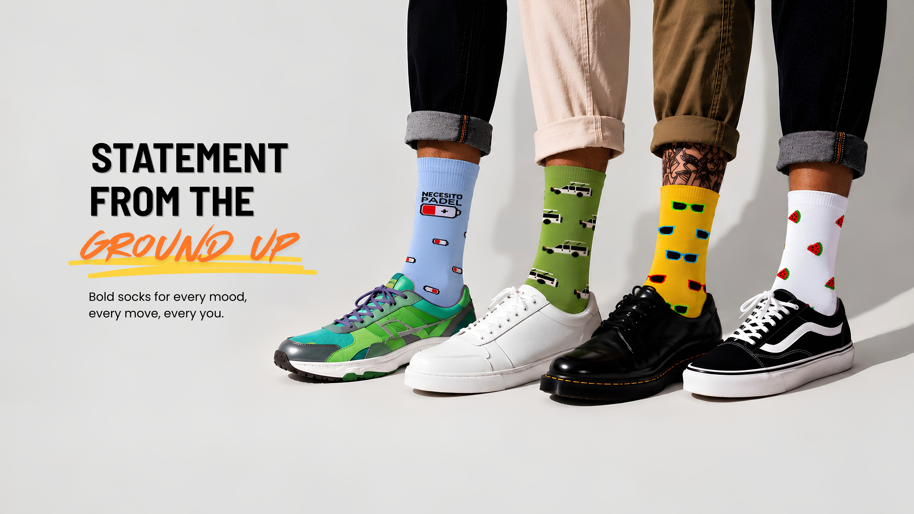 Four people standing together, showing the lower legs and feet wearing colorful patterned socks and various sneakers, with text on the left reading 'STATEMENT FROM THE GROUND UP'.