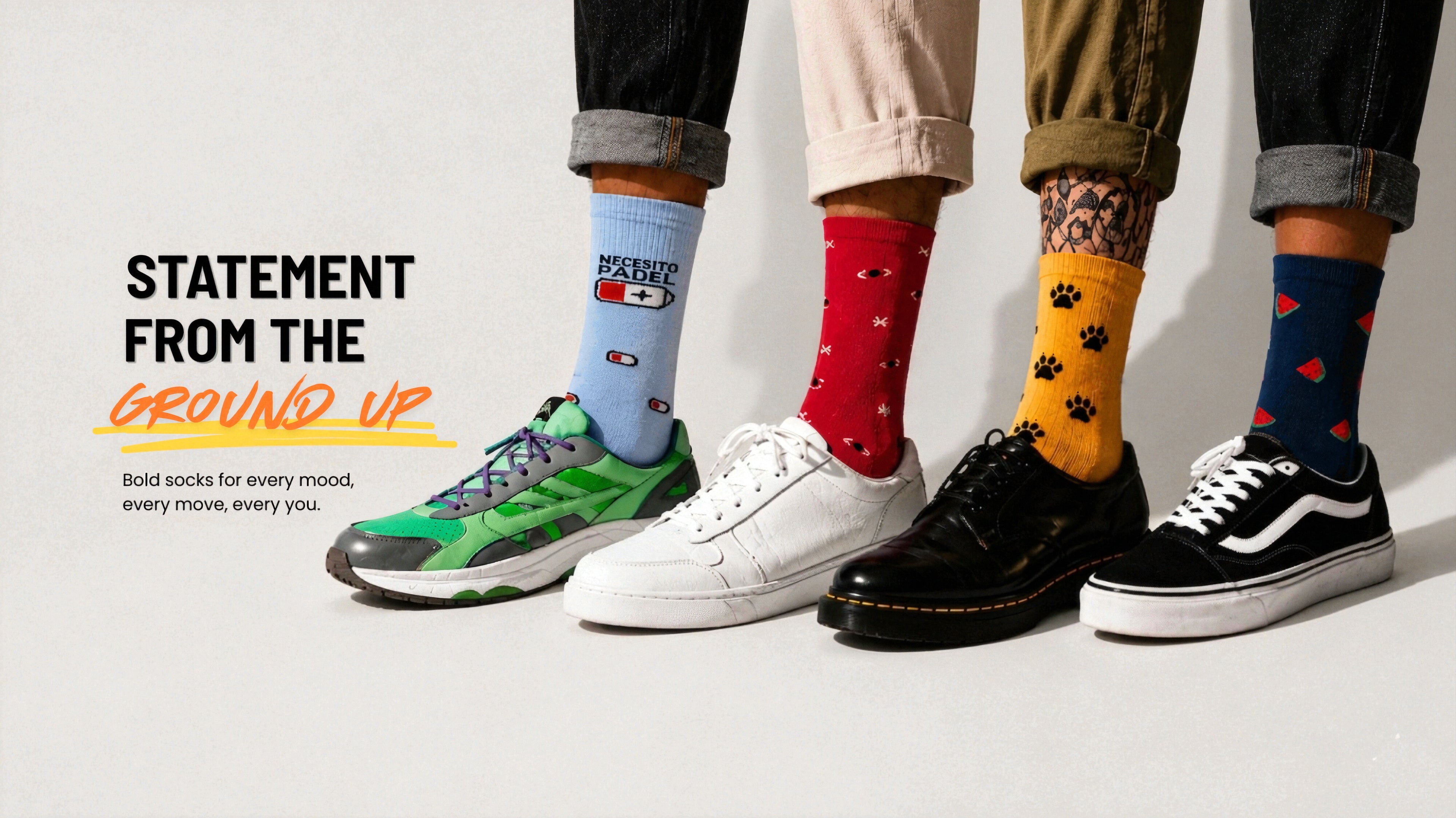 Three pairs of feet wearing funky socks with text 'Statement from the Ground Up' on a light gray background.