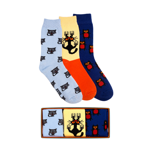 Three pairs of socks with cat patterns and a box containing them on a white background