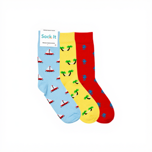 Three pairs of colorful socks with patterns on a white background, branded 'Sock It'.