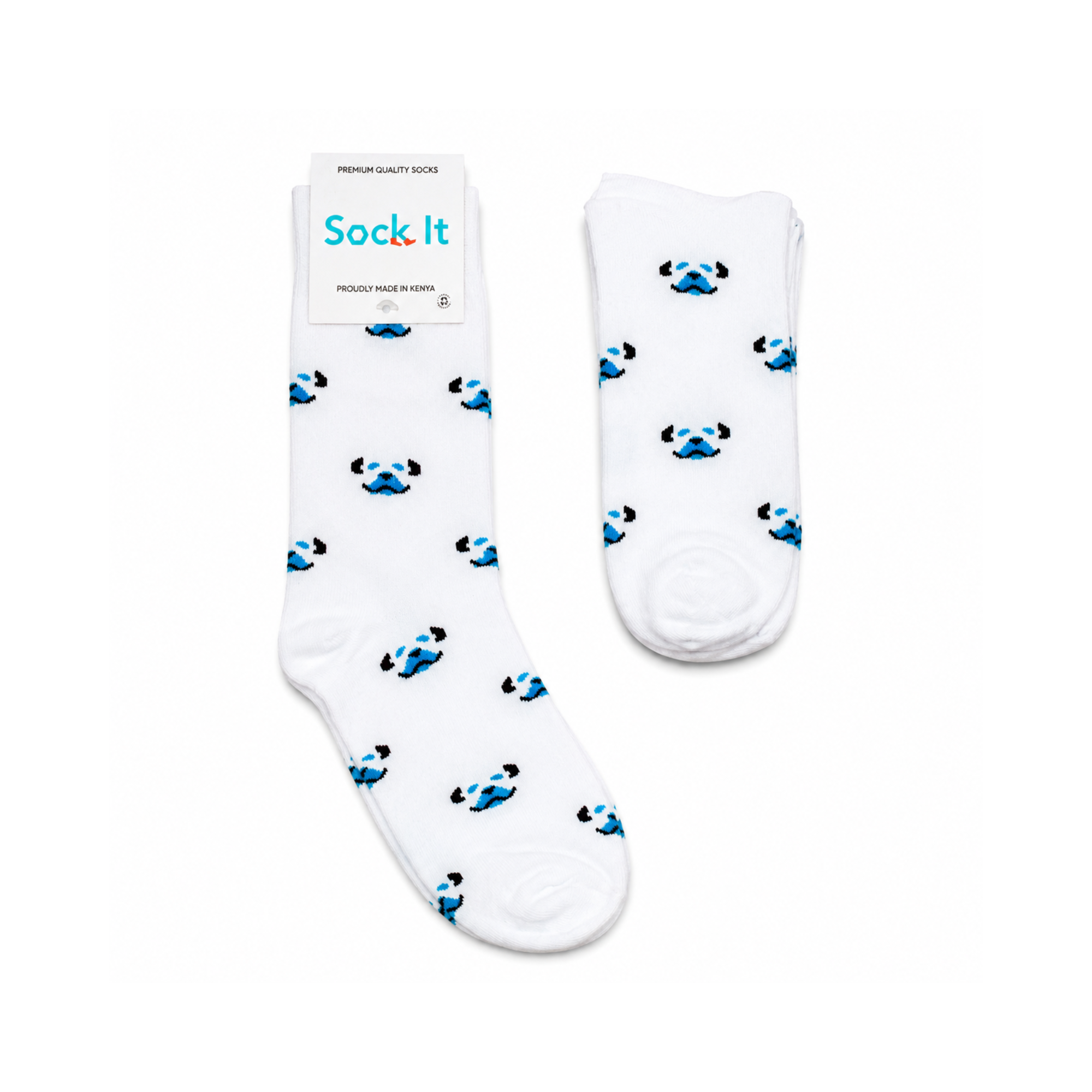 White socks with blue panda patterns and 'Sock It' packaging on a white background