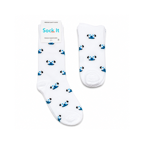 White socks with blue panda patterns and 'Sock It' packaging on a white background