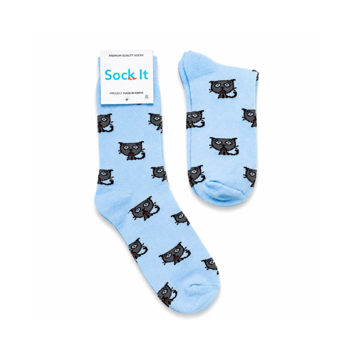 Light blue socks with black cat pattern and 'Sock It' packaging on a white background