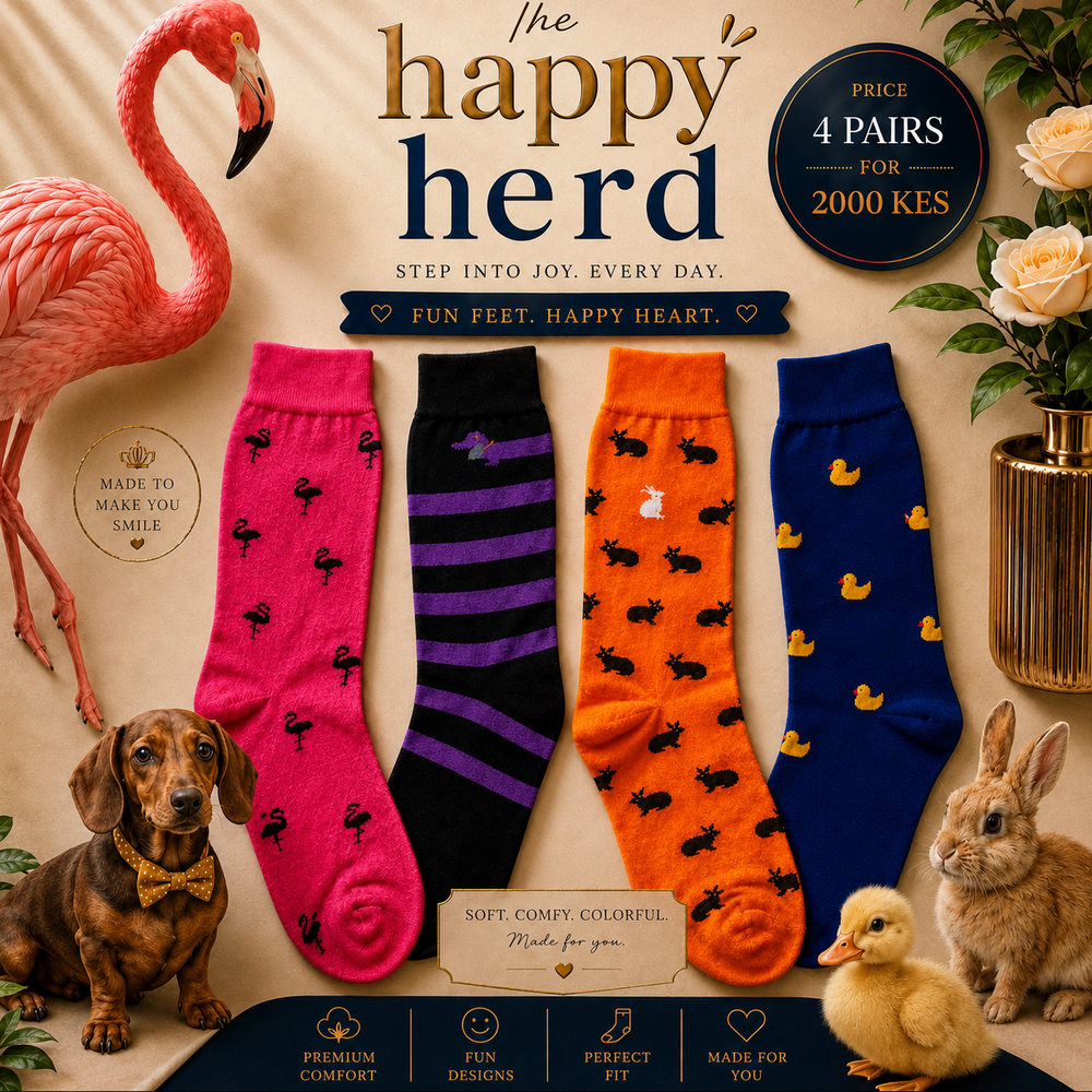 Promotional image of 'The Happy Herd' socks with a flamingo, dog, rabbit, duck, and flowers on a beige background.